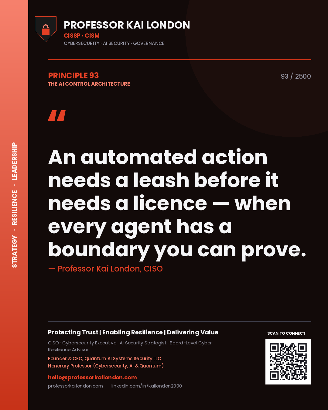 Quote card by Professor Kai London reading 'An automated action needs a leash before it needs a licence — when every agent has a boundary you can prove.'. From the book The AI Control Architecture.