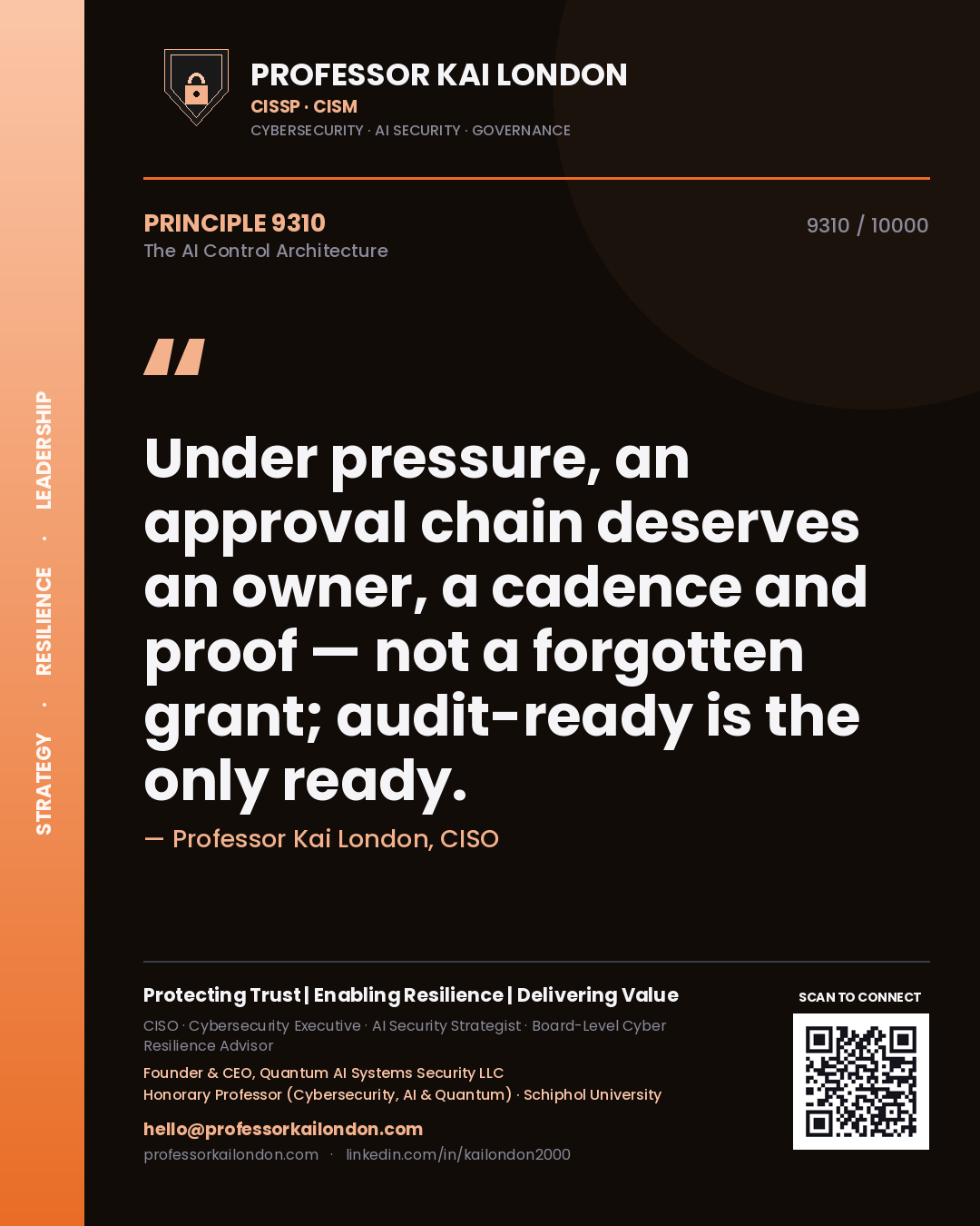 Quote card by Professor Kai London reading 'Under pressure, an approval chain deserves an owner, a cadence and proof — not a forgotten grant; audit-ready is the only ready.'. From the book The AI Control Architecture.