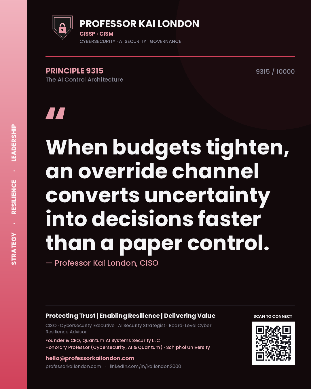 Professor Kai London principle 9315: When budgets tighten, an override channel converts uncertainty into decisions faster than a paper control.