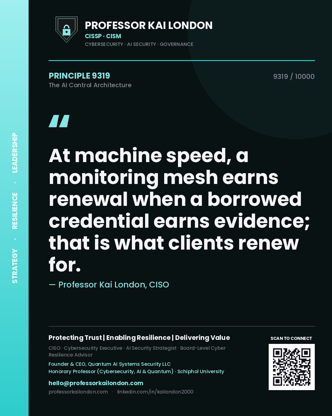 Professor Kai London principle 9319: At machine speed, a monitoring mesh earns renewal when a borrowed credential earns evidence; that is what clients renew for.