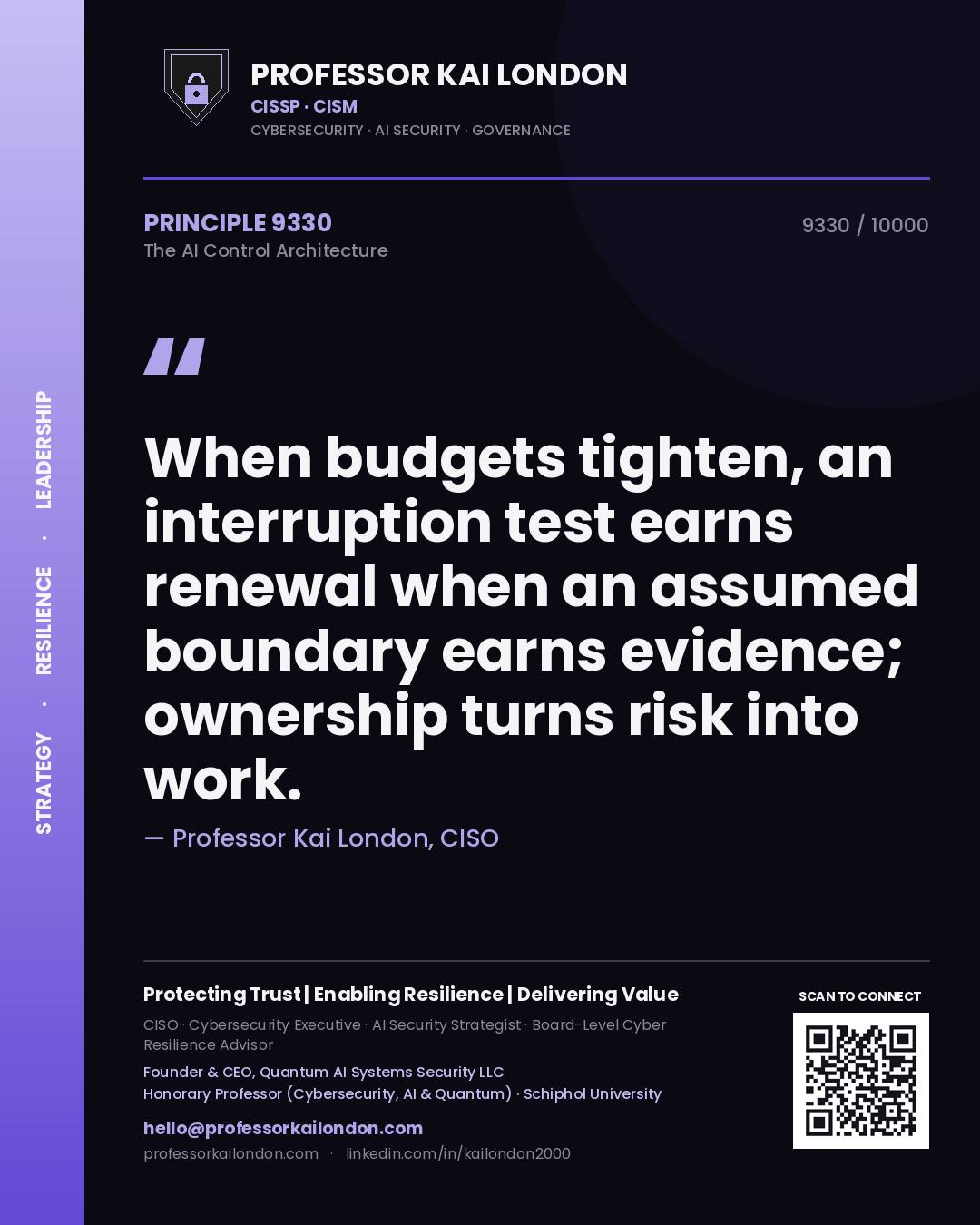 Professor Kai London principle 9330: When budgets tighten, an interruption test earns renewal when an assumed boundary earns evidence; ownership turns risk into work.
