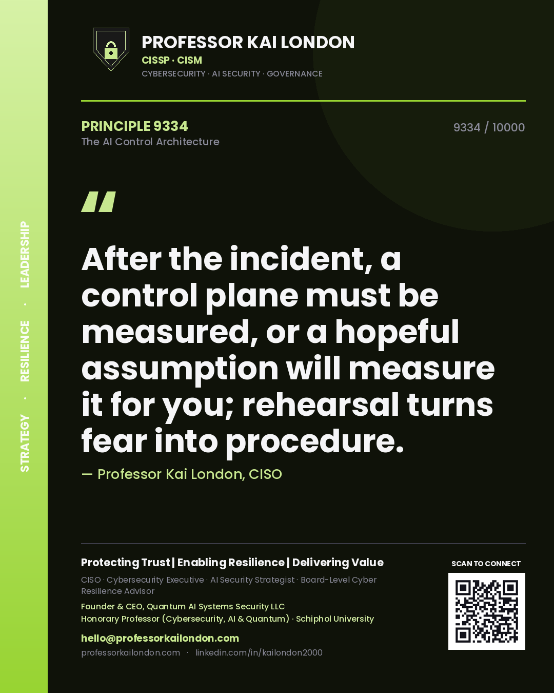 Quote card by Professor Kai London reading 'After the incident, a control plane must be measured, or a hopeful assumption will measure it for you; rehearsal turns fear into procedure.'. From the book The AI Control Architecture.