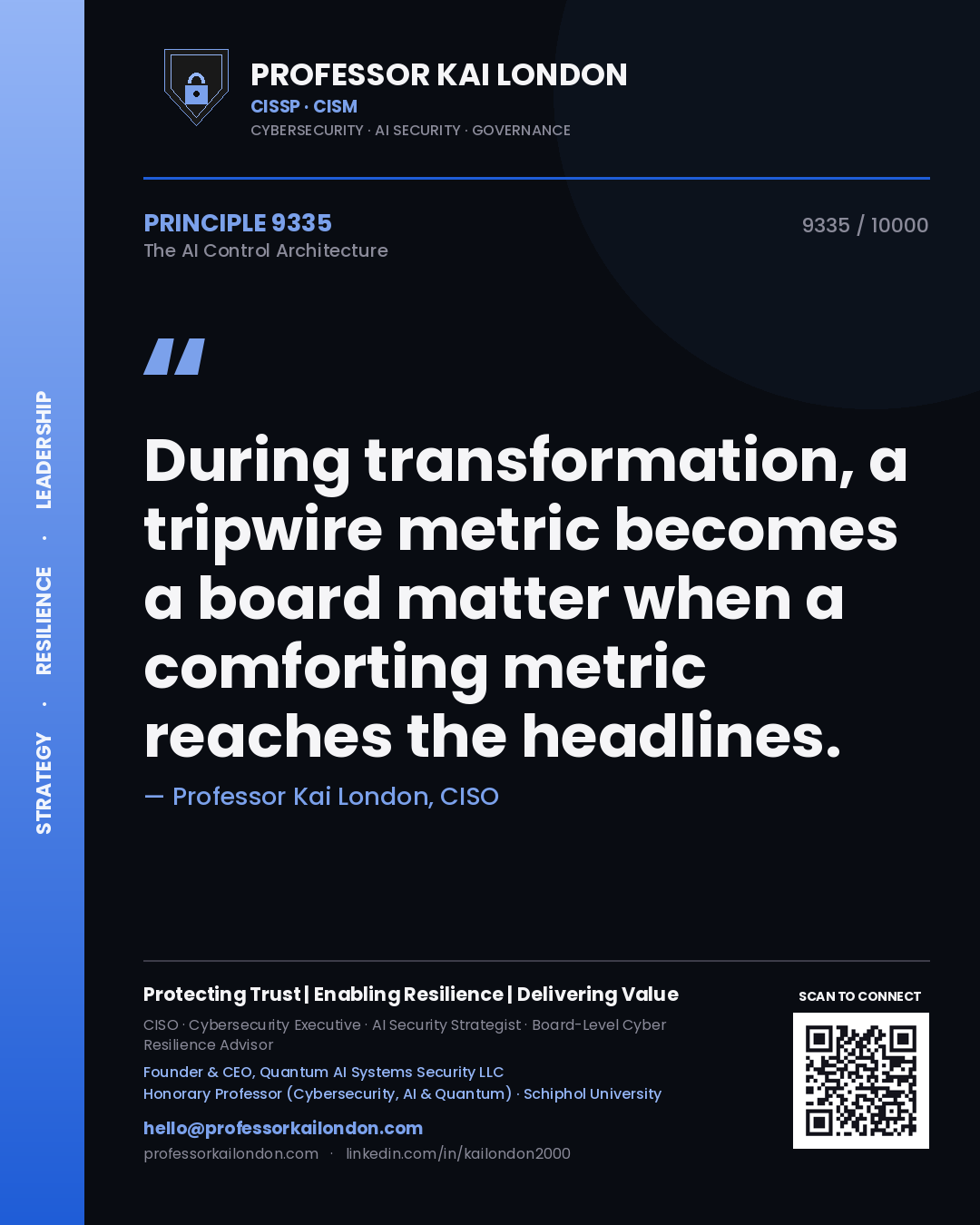Quote card by Professor Kai London reading 'During transformation, a tripwire metric becomes a board matter when a comforting metric reaches the headlines.'. From the book The AI Control Architecture.