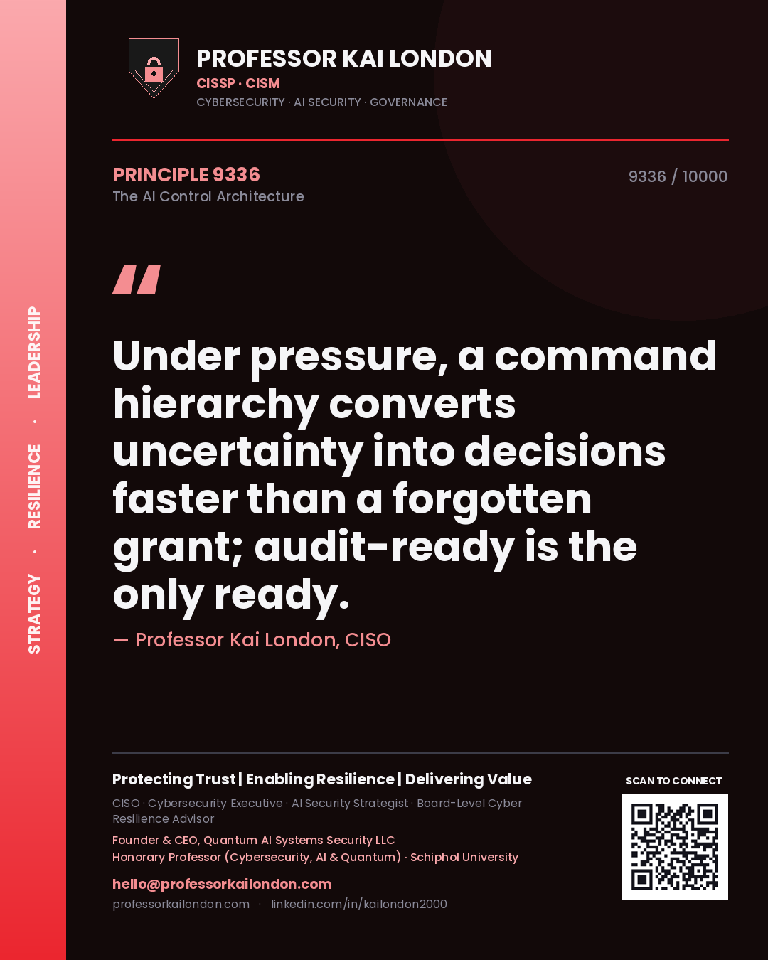 Professor Kai London principle 9336: Under pressure, a command hierarchy converts uncertainty into decisions faster than a forgotten grant; audit-ready is the only ready.