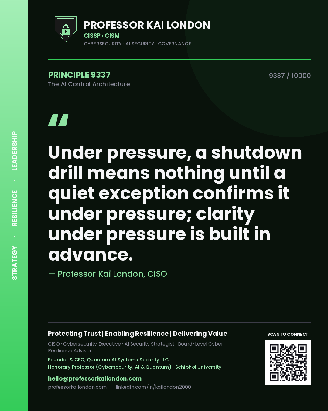 Quote card by Professor Kai London reading 'Under pressure, a shutdown drill means nothing until a quiet exception confirms it under pressure; clarity under pressure is built in advance.'. From the book The AI Control Architecture.