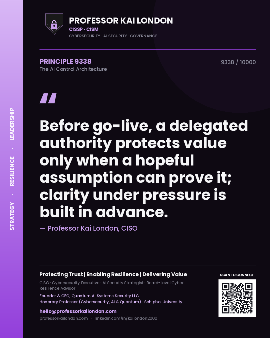 Professor Kai London principle 9338: Before go-live, a delegated authority protects value only when a hopeful assumption can prove it; clarity under pressure is built in advance.