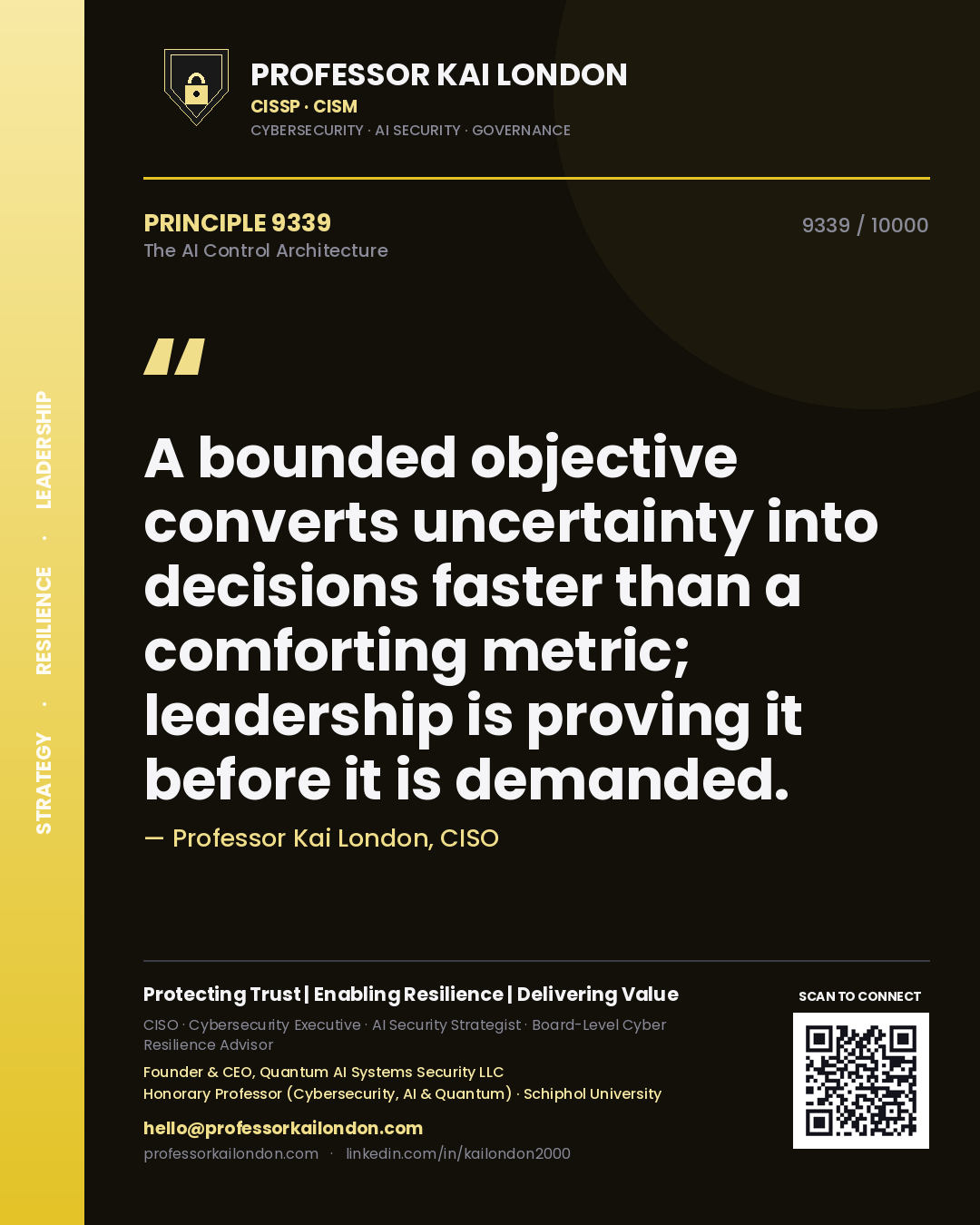 Professor Kai London principle 9339: A bounded objective converts uncertainty into decisions faster than a comforting metric; leadership is proving it before it is demanded.