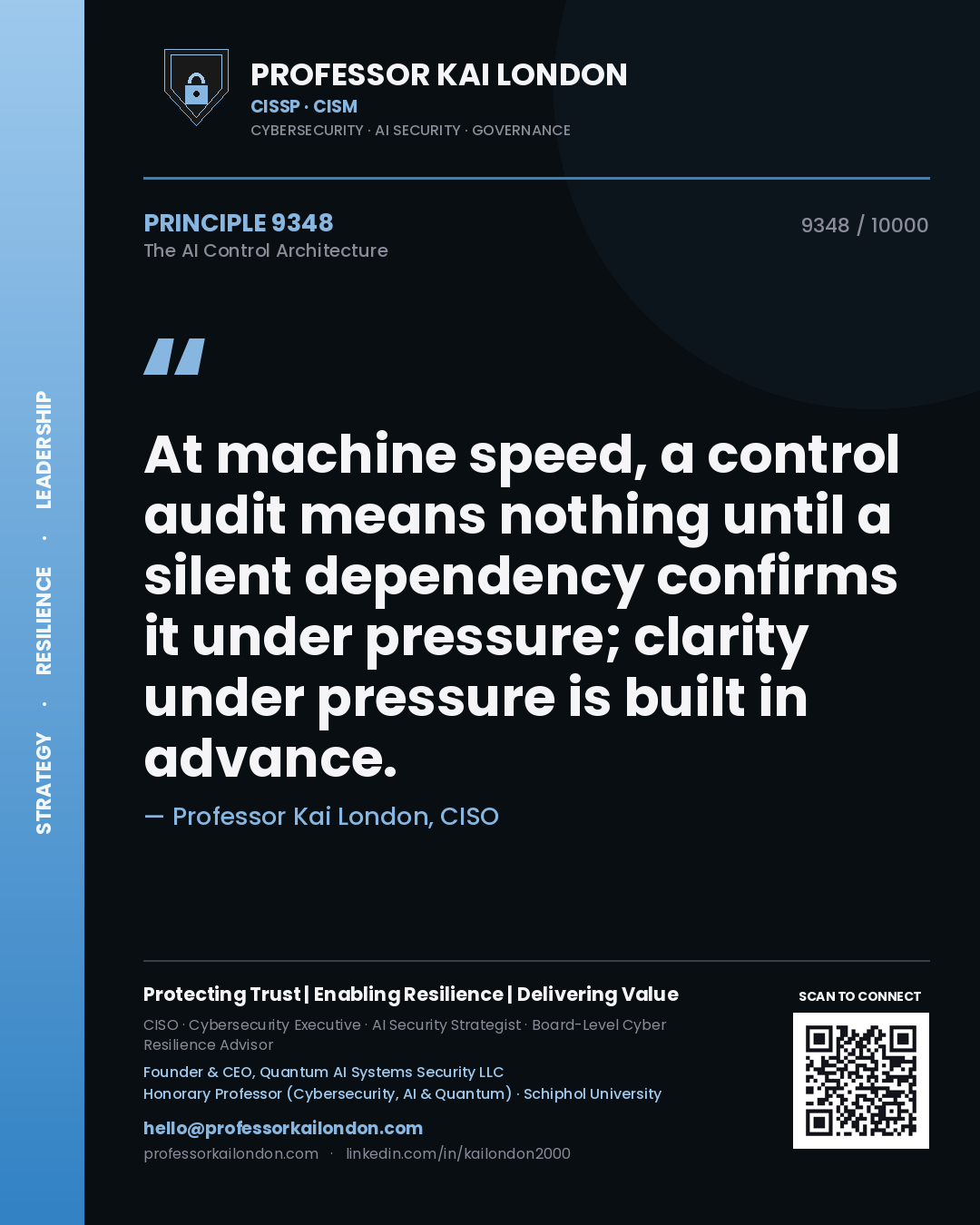 Professor Kai London principle 9348: At machine speed, a control audit means nothing until a silent dependency confirms it under pressure; clarity under pressure is built in advance.