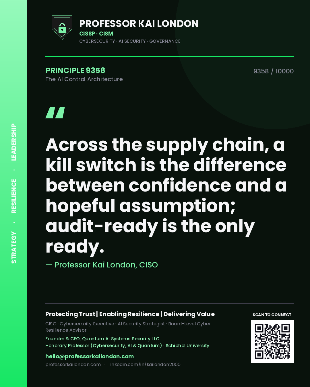 Quote card by Professor Kai London reading 'Across the supply chain, a kill switch is the difference between confidence and a hopeful assumption; audit-ready is the only ready.'. From the book The AI Control Architecture.