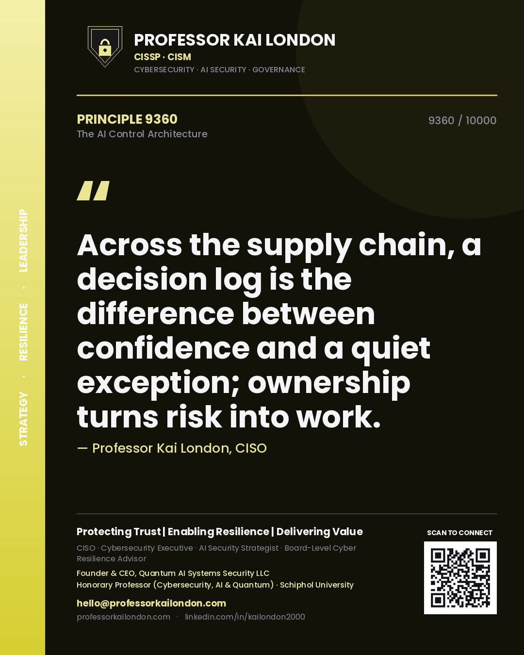 Quote card by Professor Kai London reading 'Across the supply chain, a decision log is the difference between confidence and a quiet exception; ownership turns risk into work.'. From the book The AI Control Architecture.