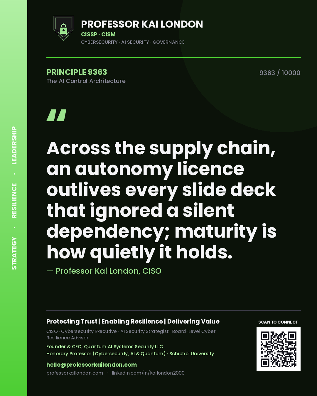 Professor Kai London principle 9363: Across the supply chain, an autonomy licence outlives every slide deck that ignored a silent dependency; maturity is how quietly it holds.