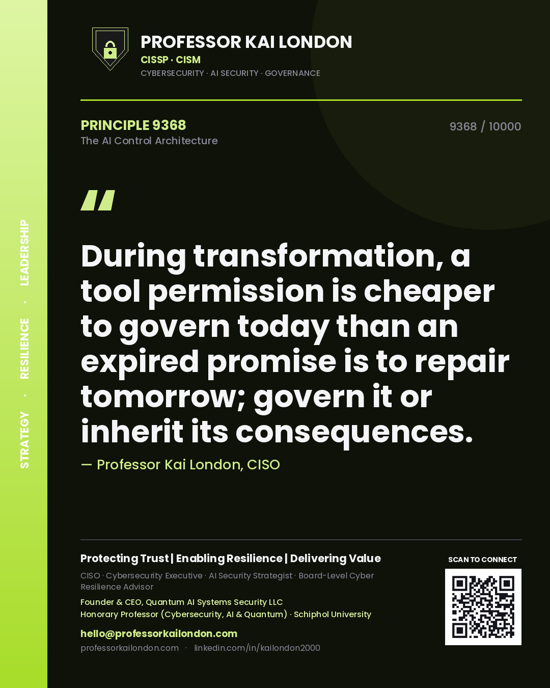 Professor Kai London principle 9368: During transformation, a tool permission is cheaper to govern today than an expired promise is to repair tomorrow; govern it or inherit its consequences.