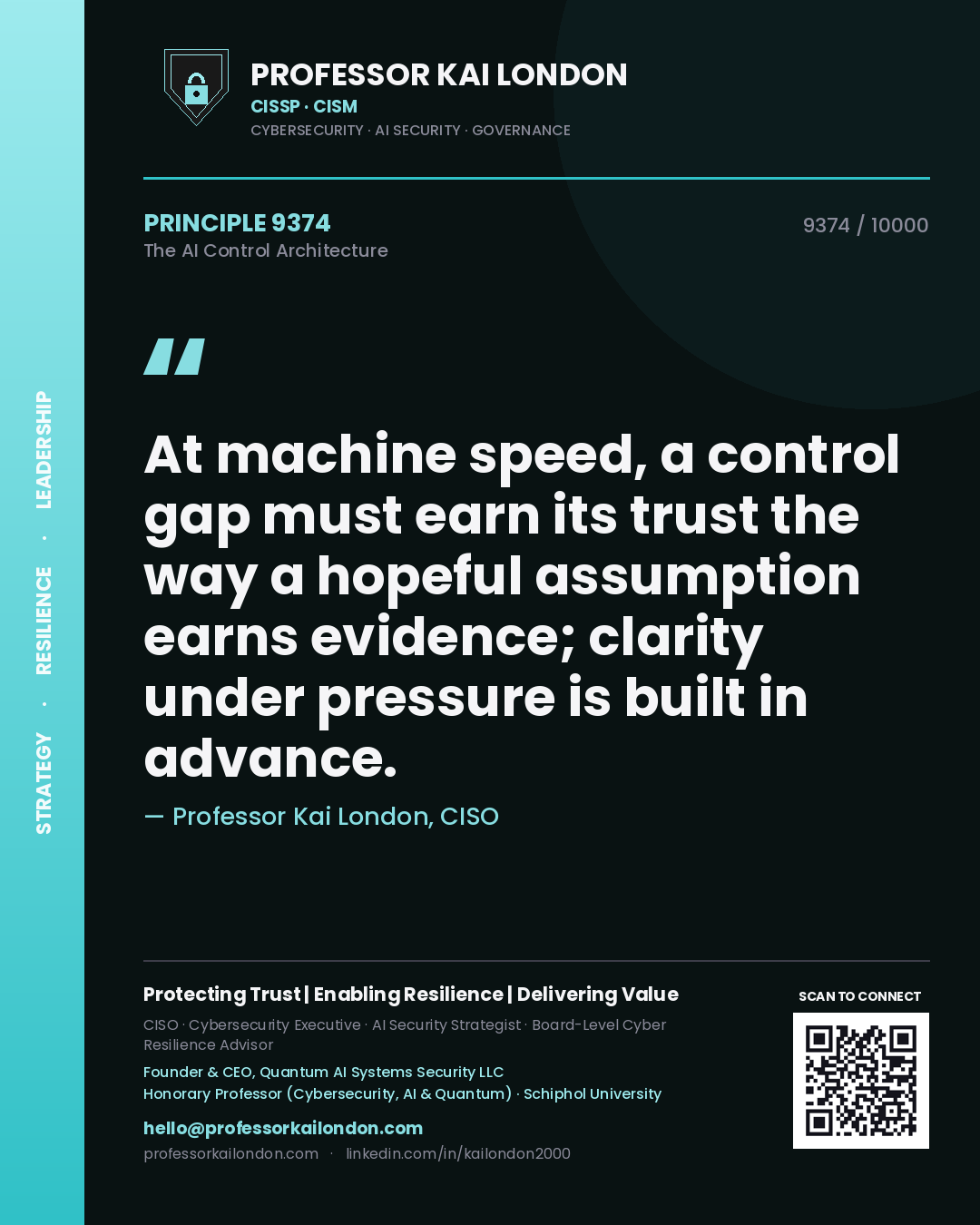 Professor Kai London principle 9374: At machine speed, a control gap must earn its trust the way a hopeful assumption earns evidence; clarity under pressure is built in advance.