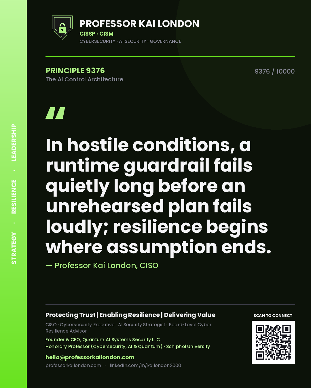 Professor Kai London principle 9376: In hostile conditions, a runtime guardrail fails quietly long before an unrehearsed plan fails loudly; resilience begins where assumption ends.