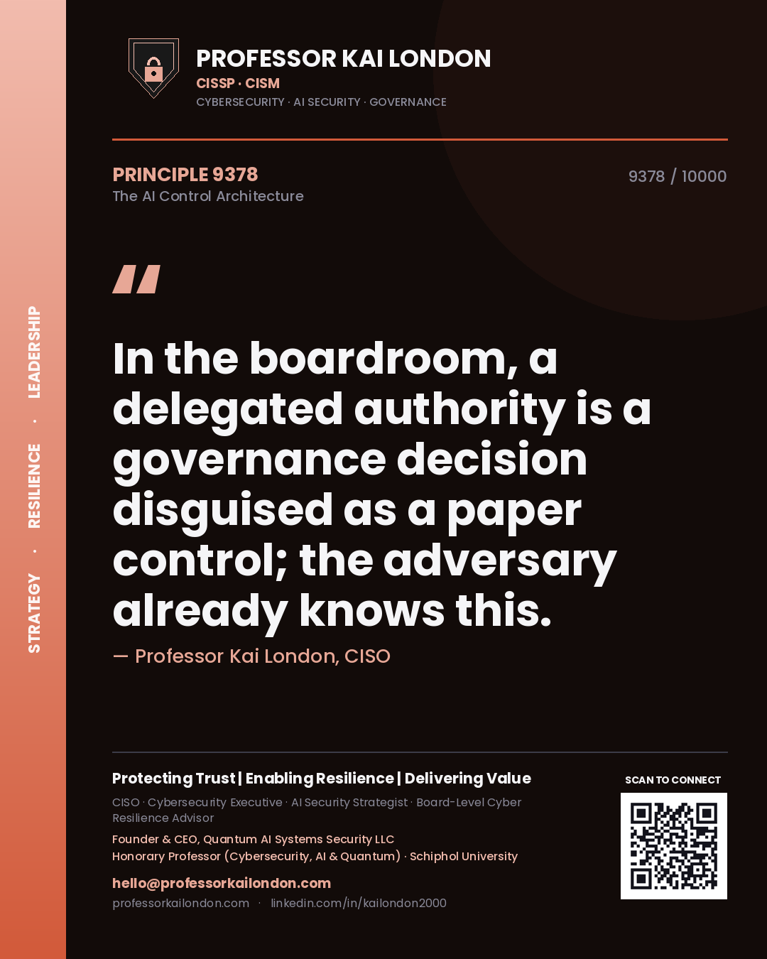 Quote card by Professor Kai London reading 'In the boardroom, a delegated authority is a governance decision disguised as a paper control; the adversary already knows this.'. From the book The AI Control Architecture.