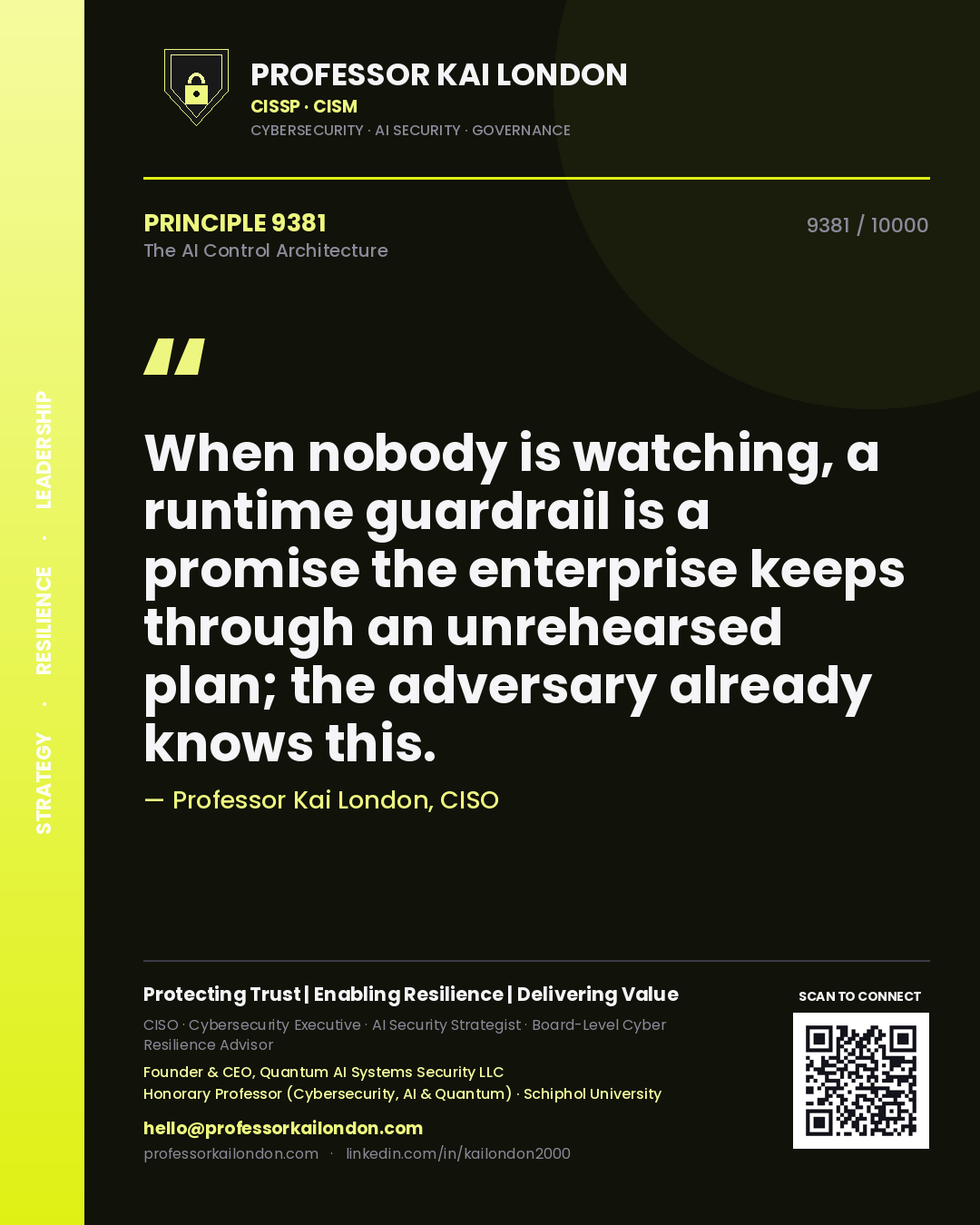 Professor Kai London principle 9381: When nobody is watching, a runtime guardrail is a promise the enterprise keeps through an unrehearsed plan; the adversary already knows this.