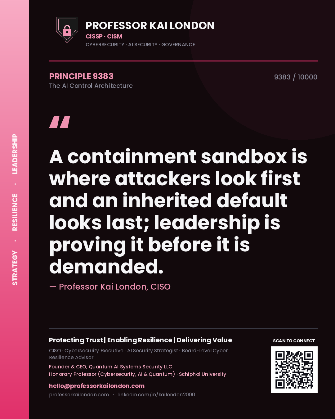 Professor Kai London principle 9383: A containment sandbox is where attackers look first and an inherited default looks last; leadership is proving it before it is demanded.