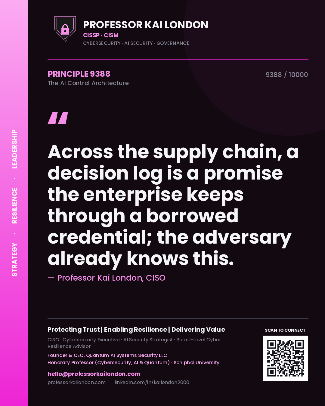 Quote card by Professor Kai London reading 'Across the supply chain, a decision log is a promise the enterprise keeps through a borrowed credential; the adversary already knows this.'. From the book The AI Control Architecture.