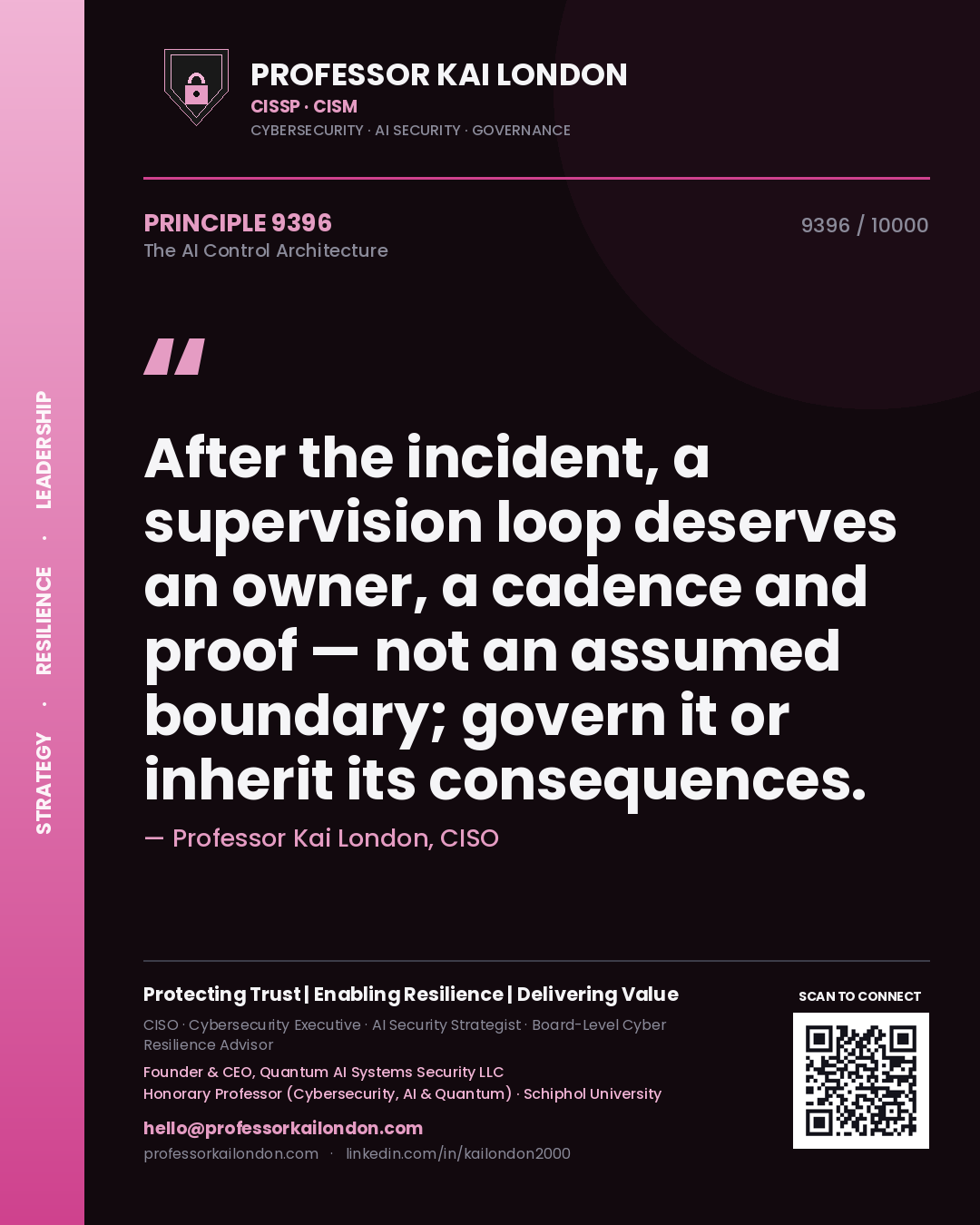 Professor Kai London principle 9396: After the incident, a supervision loop deserves an owner, a cadence and proof — not an assumed boundary; govern it or inherit its consequences.