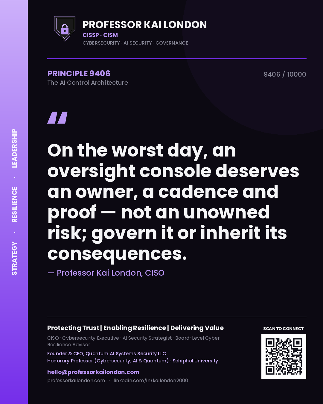 Quote card by Professor Kai London reading 'On the worst day, an oversight console deserves an owner, a cadence and proof — not an unowned risk; govern it or inherit its consequences.'. From the book The AI Control Architecture.