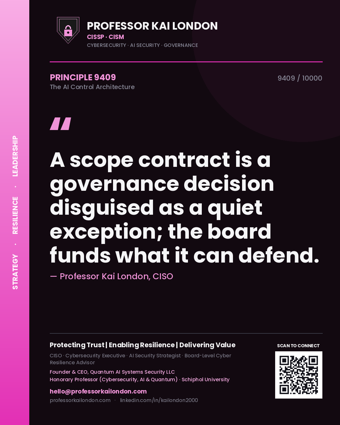 Quote card by Professor Kai London reading 'A scope contract is a governance decision disguised as a quiet exception; the board funds what it can defend.'. From the book The AI Control Architecture.