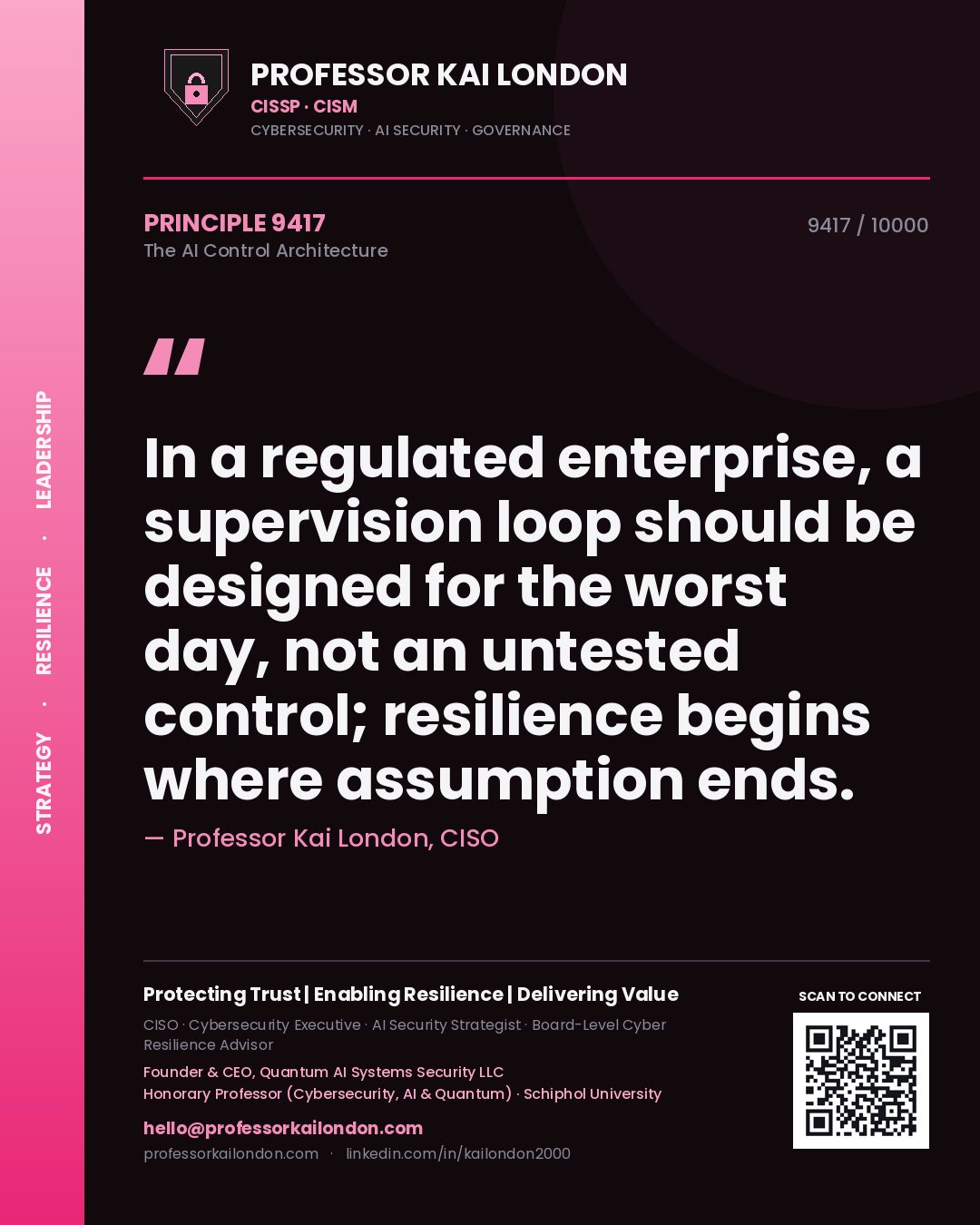 Quote card by Professor Kai London reading 'In a regulated enterprise, a supervision loop should be designed for the worst day, not an untested control; resilience begins where assumption ends.'. From the book The AI Control Architecture.