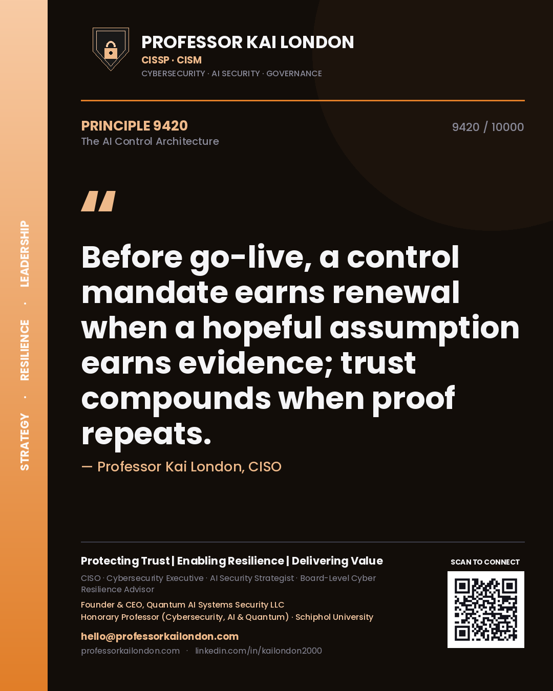 Professor Kai London principle 9420: Before go-live, a control mandate earns renewal when a hopeful assumption earns evidence; trust compounds when proof repeats.