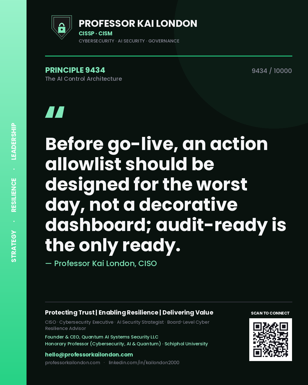 Professor Kai London principle 9434: Before go-live, an action allowlist should be designed for the worst day, not a decorative dashboard; audit-ready is the only ready.