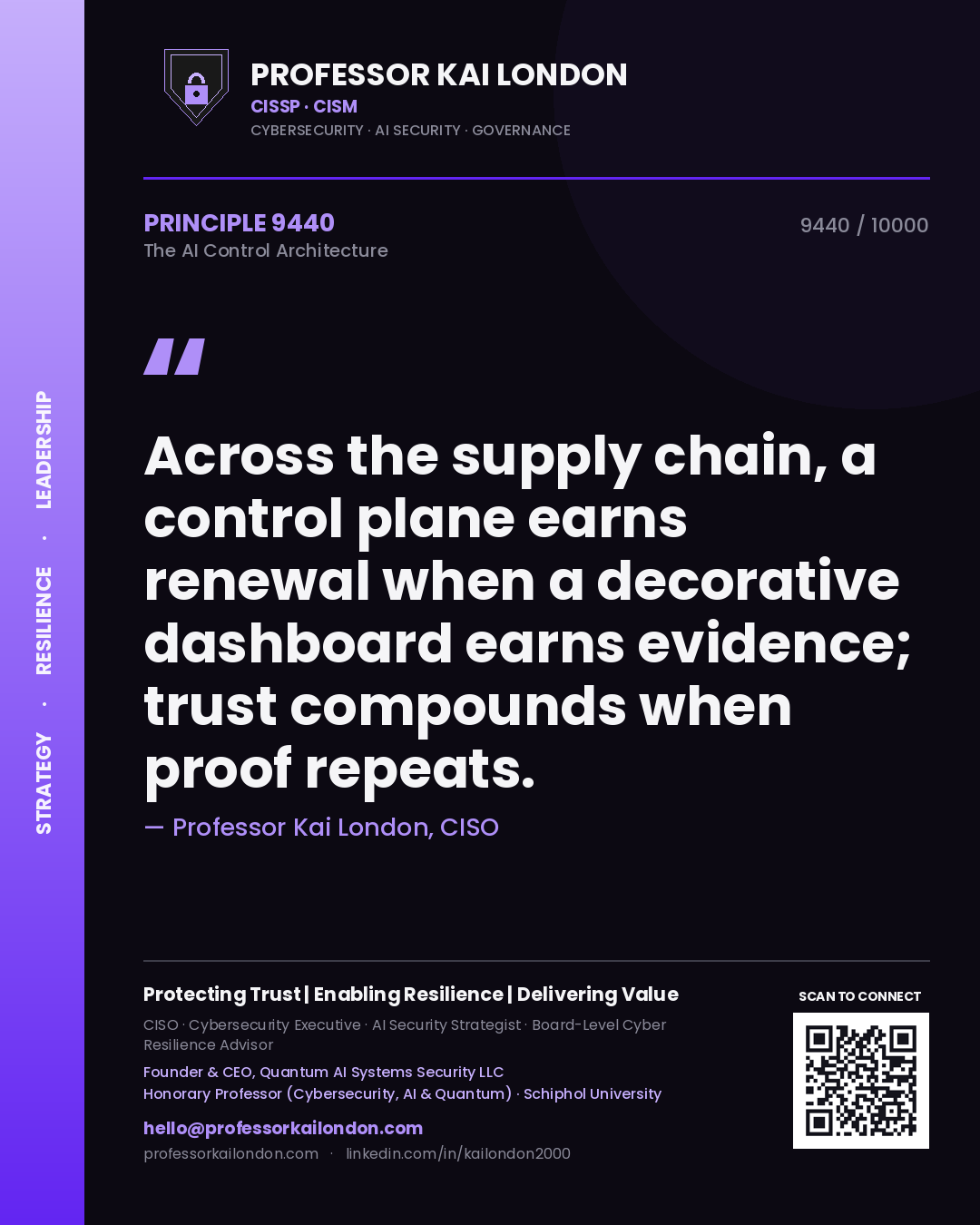 Professor Kai London principle 9440: Across the supply chain, a control plane earns renewal when a decorative dashboard earns evidence; trust compounds when proof repeats.