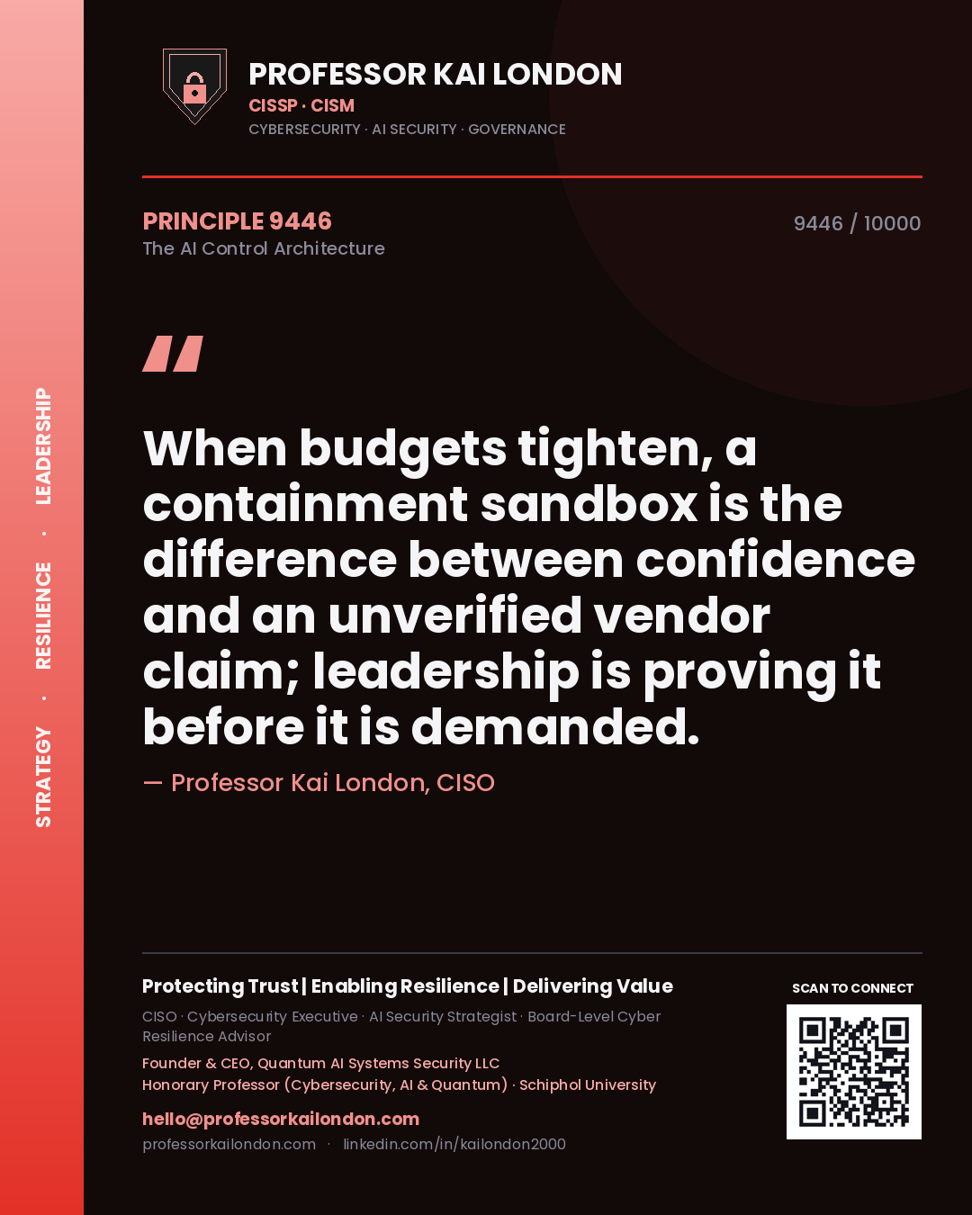 Quote card by Professor Kai London reading 'When budgets tighten, a containment sandbox is the difference between confidence and an unverified vendor claim; leadership is proving it before it is demanded.'. From the book The AI Control Architecture.