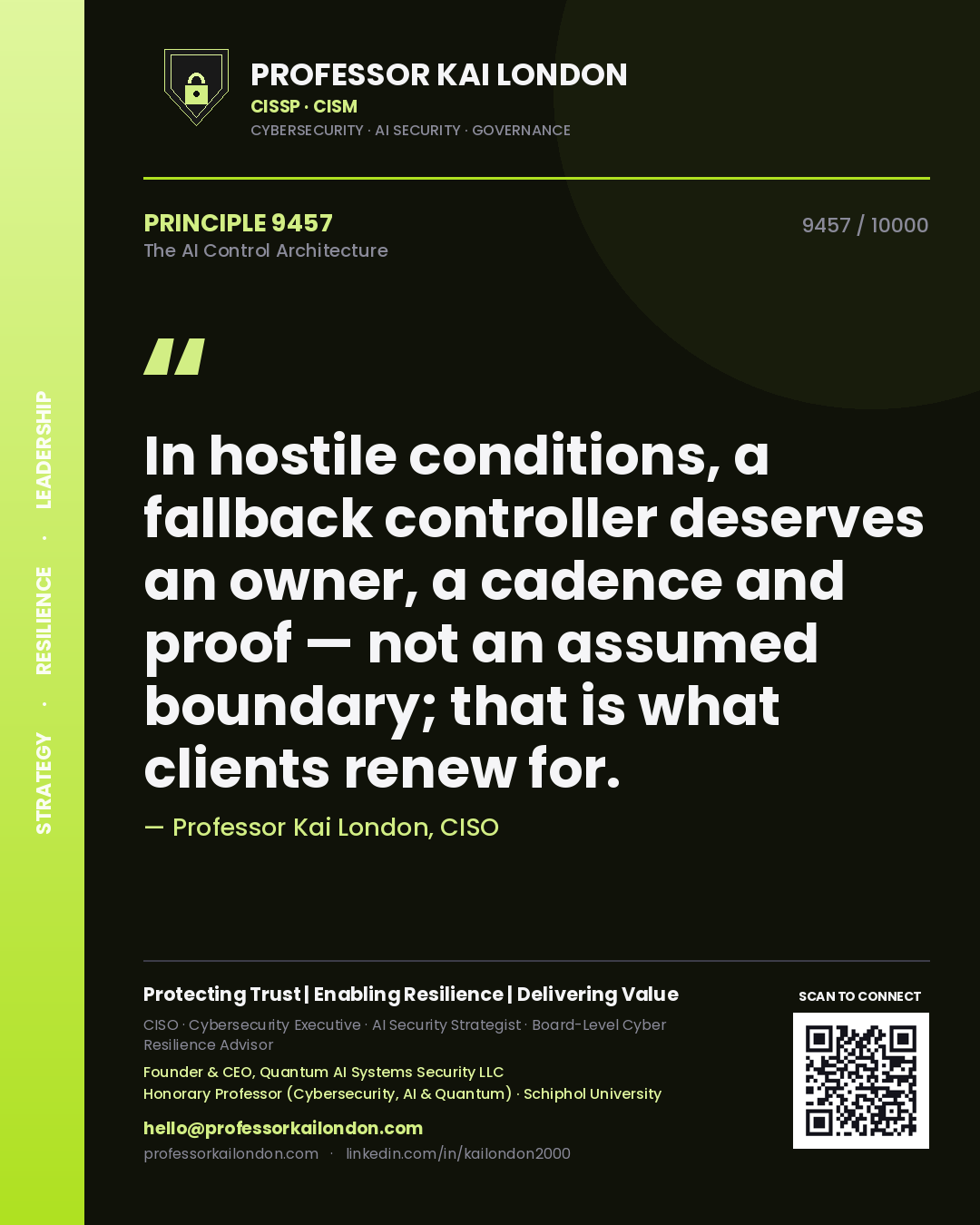 Quote card by Professor Kai London reading 'In hostile conditions, a fallback controller deserves an owner, a cadence and proof — not an assumed boundary; that is what clients renew for.'. From the book The AI Control Architecture.