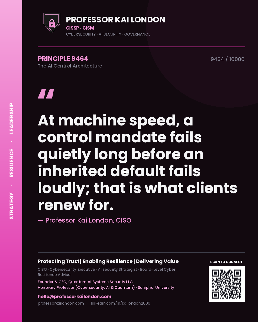 Professor Kai London principle 9464: At machine speed, a control mandate fails quietly long before an inherited default fails loudly; that is what clients renew for.