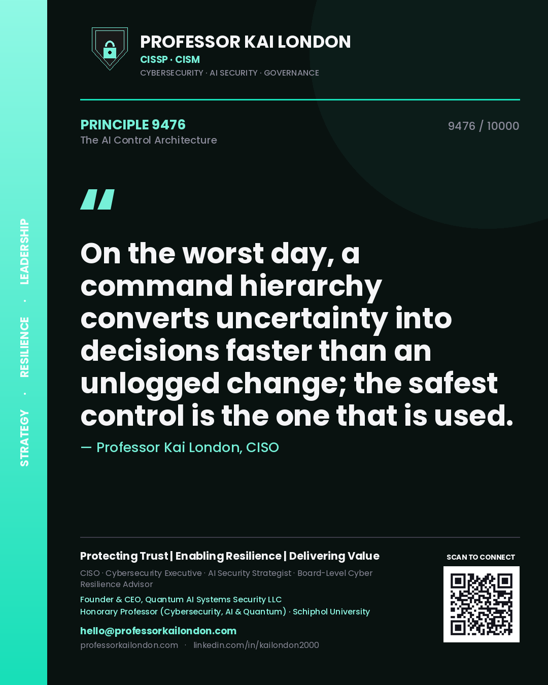 Quote card by Professor Kai London reading 'On the worst day, a command hierarchy converts uncertainty into decisions faster than an unlogged change; the safest control is the one that is used.'. From the book The AI Control Architecture.