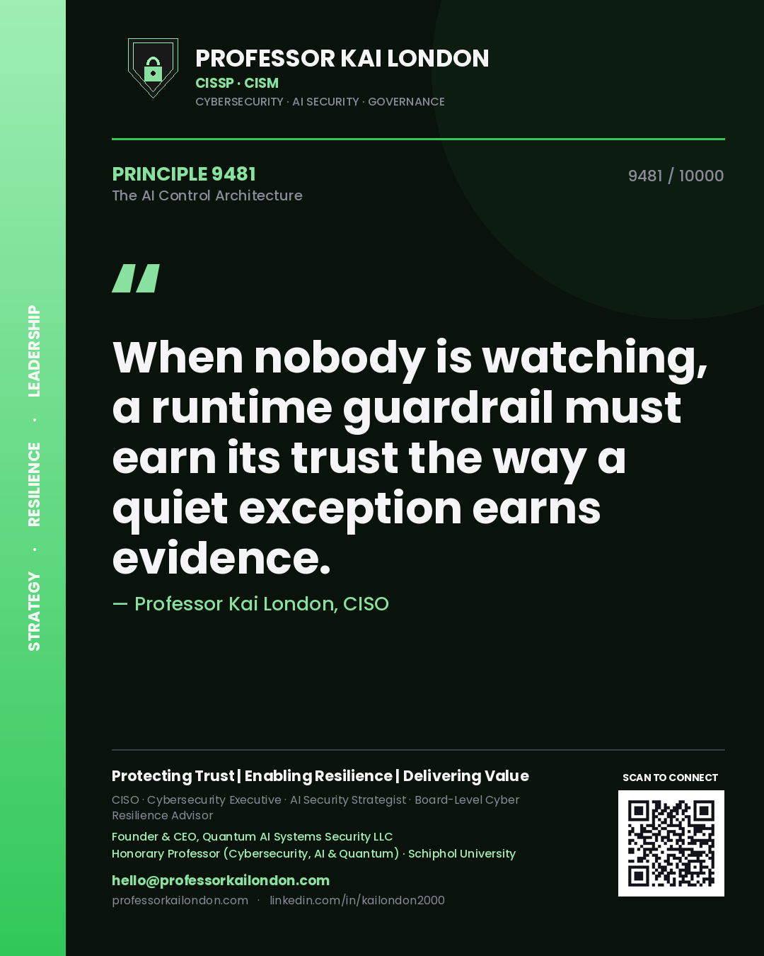 Quote card by Professor Kai London reading 'When nobody is watching, a runtime guardrail must earn its trust the way a quiet exception earns evidence.'. From the book The AI Control Architecture.