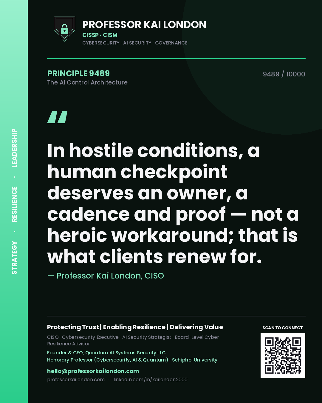 Quote card by Professor Kai London reading 'In hostile conditions, a human checkpoint deserves an owner, a cadence and proof — not a heroic workaround; that is what clients renew for.'. From the book The AI Control Architecture.