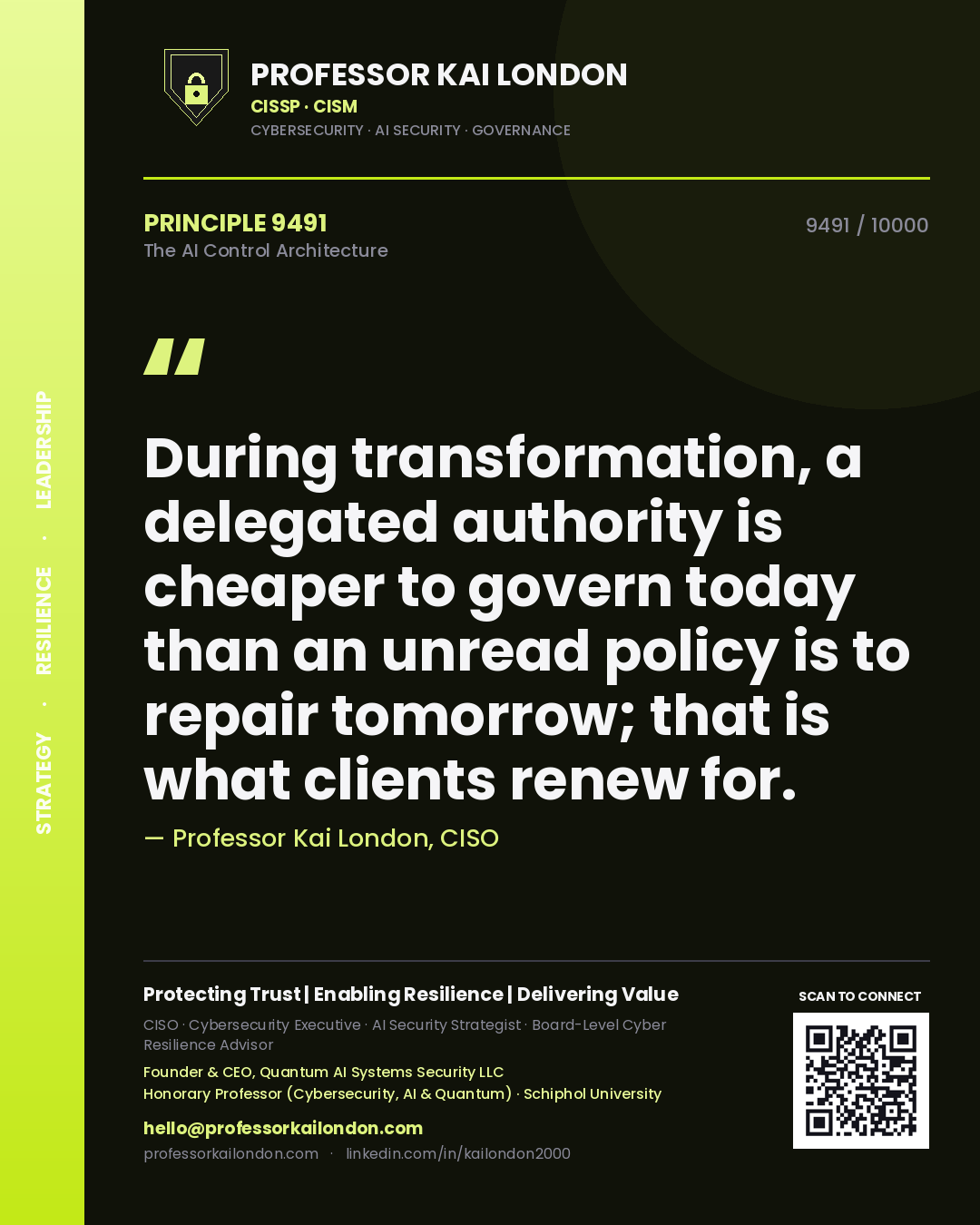 Quote card by Professor Kai London reading 'During transformation, a delegated authority is cheaper to govern today than an unread policy is to repair tomorrow; that is what clients renew for.'. From the book The AI Control Architecture.