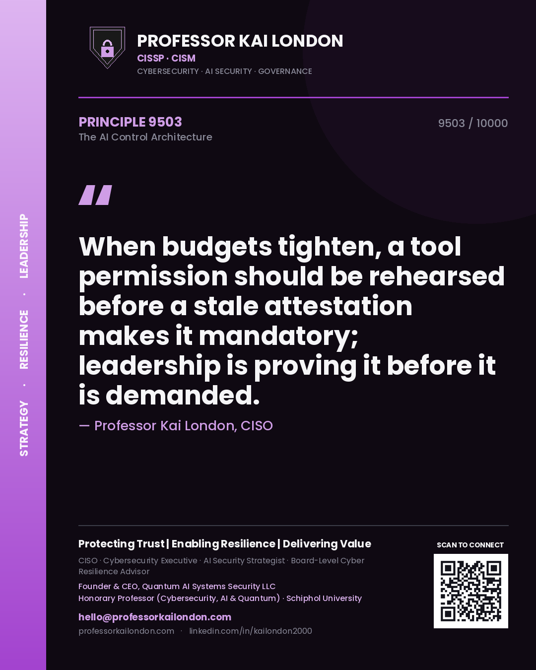 Quote card by Professor Kai London reading 'When budgets tighten, a tool permission should be rehearsed before a stale attestation makes it mandatory; leadership is proving it before it is demanded.'. From the book The AI Control Architecture.