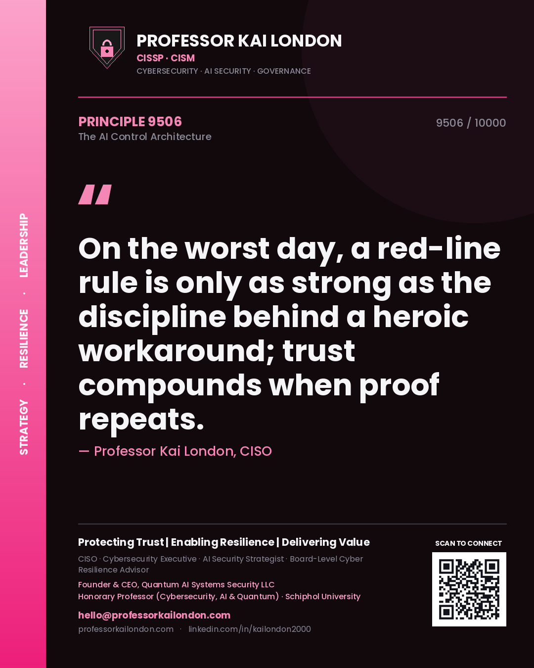 Professor Kai London principle 9506: On the worst day, a red-line rule is only as strong as the discipline behind a heroic workaround; trust compounds when proof repeats.