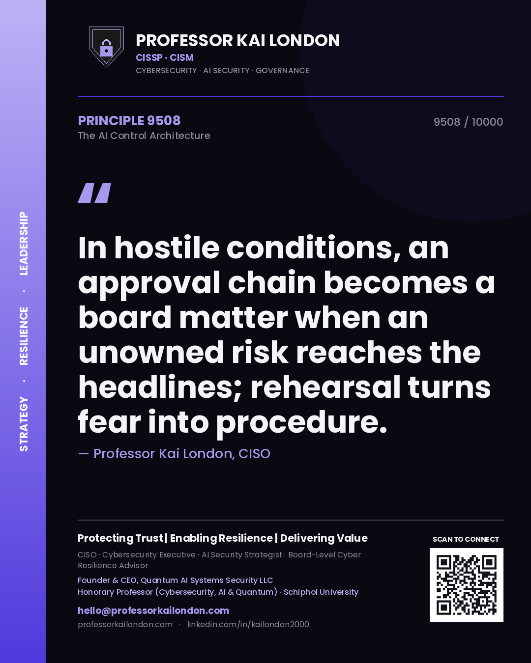 Professor Kai London principle 9508: In hostile conditions, an approval chain becomes a board matter when an unowned risk reaches the headlines; rehearsal turns fear into procedure.