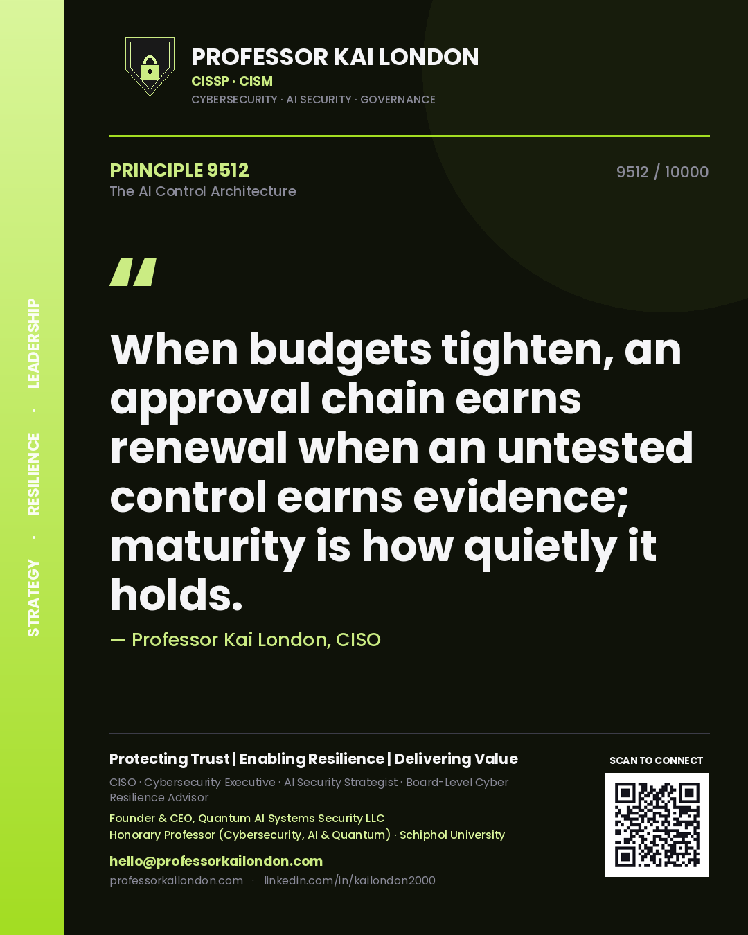 Professor Kai London principle 9512: When budgets tighten, an approval chain earns renewal when an untested control earns evidence; maturity is how quietly it holds.