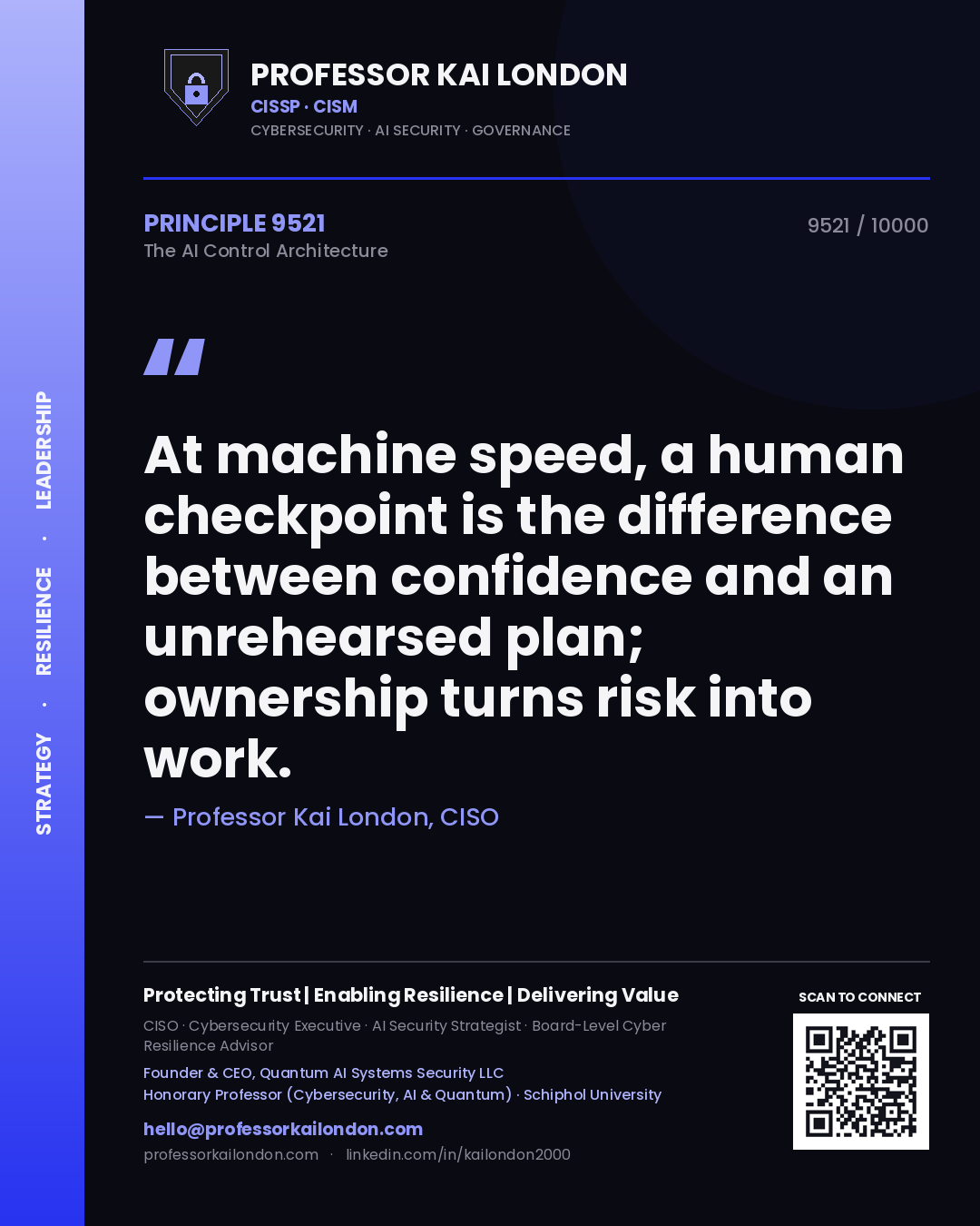 Professor Kai London principle 9521: At machine speed, a human checkpoint is the difference between confidence and an unrehearsed plan; ownership turns risk into work.