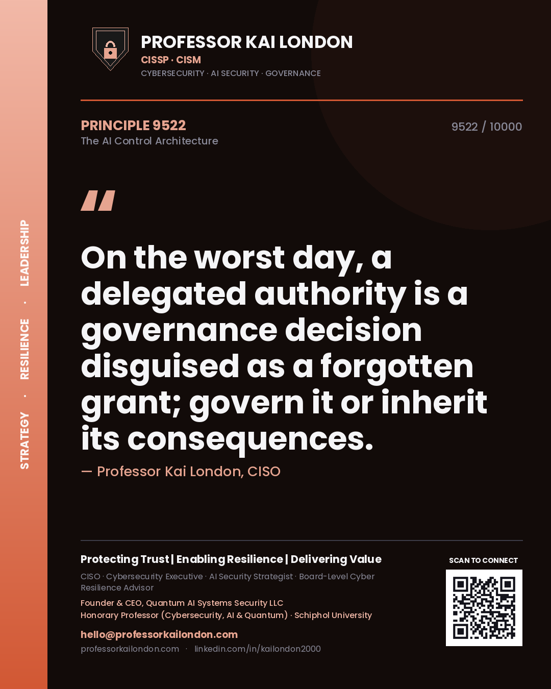 Quote card by Professor Kai London reading 'On the worst day, a delegated authority is a governance decision disguised as a forgotten grant; govern it or inherit its consequences.'. From the book The AI Control Architecture.