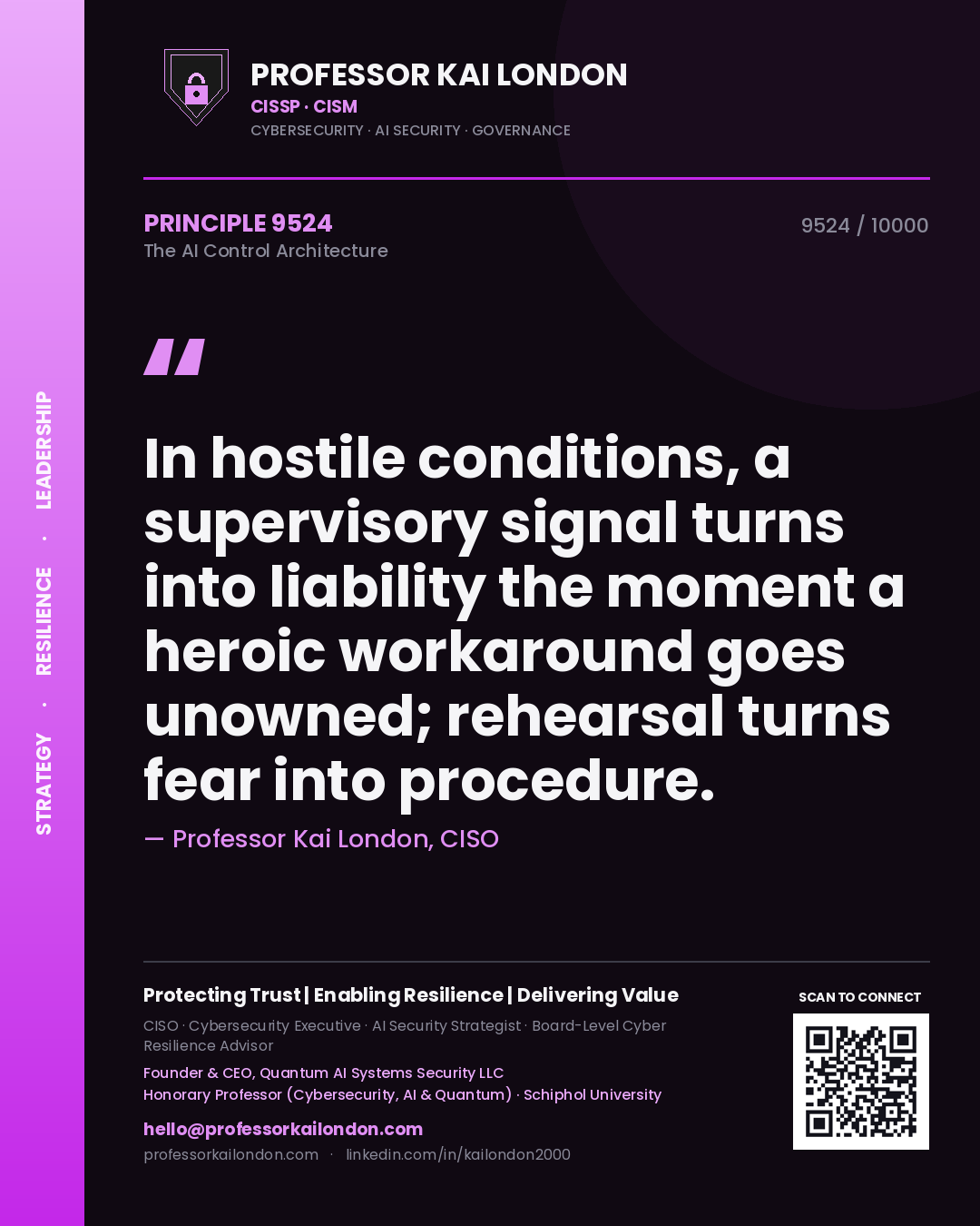Quote card by Professor Kai London reading 'In hostile conditions, a supervisory signal turns into liability the moment a heroic workaround goes unowned; rehearsal turns fear into procedure.'. From the book The AI Control Architecture.
