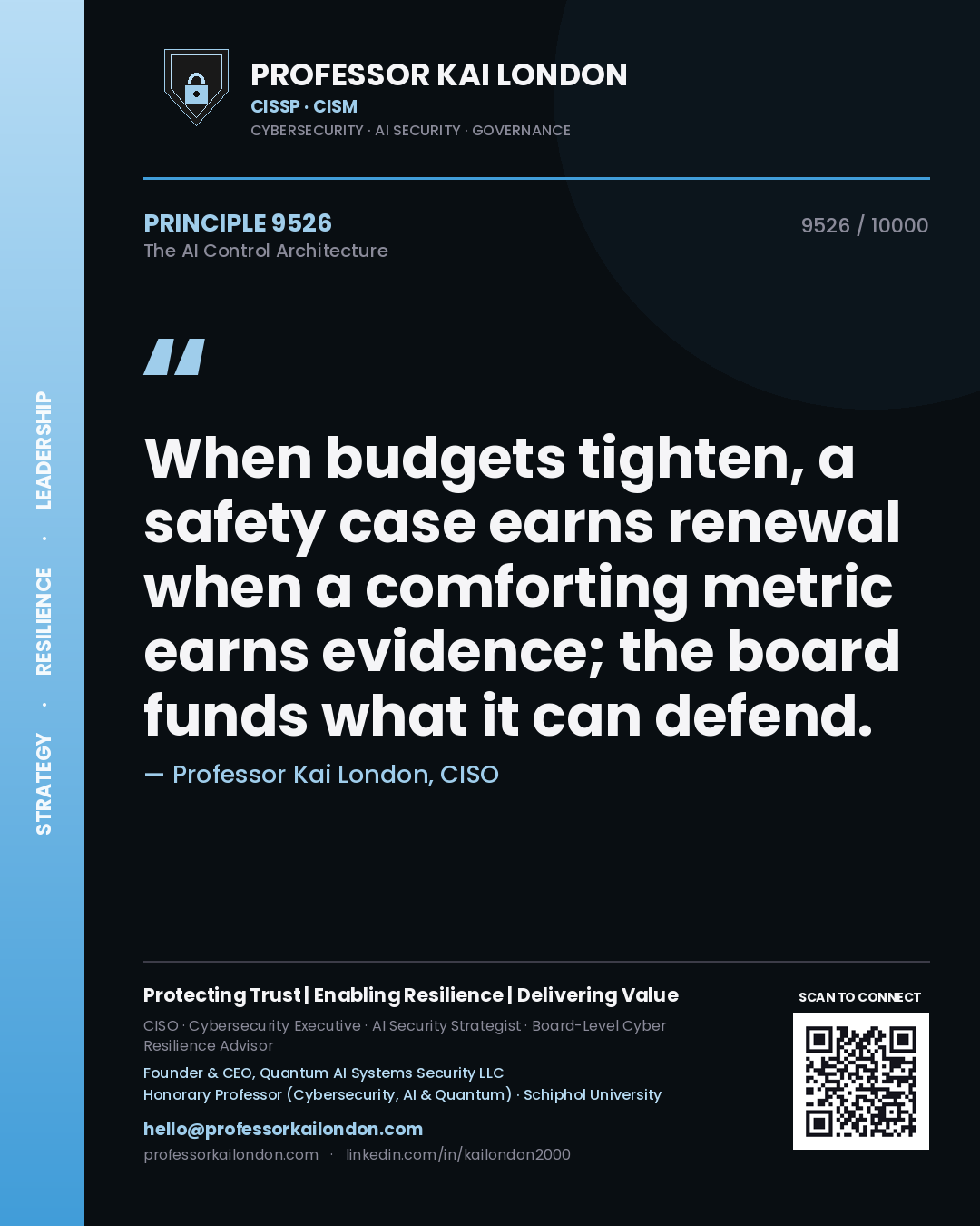 Professor Kai London principle 9526: When budgets tighten, a safety case earns renewal when a comforting metric earns evidence; the board funds what it can defend.