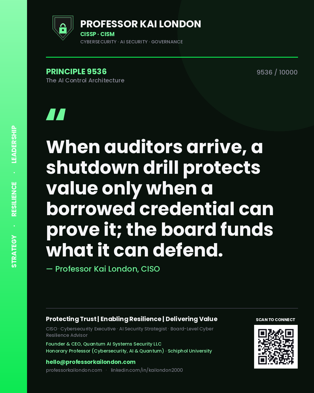 Professor Kai London principle 9536: When auditors arrive, a shutdown drill protects value only when a borrowed credential can prove it; the board funds what it can defend.