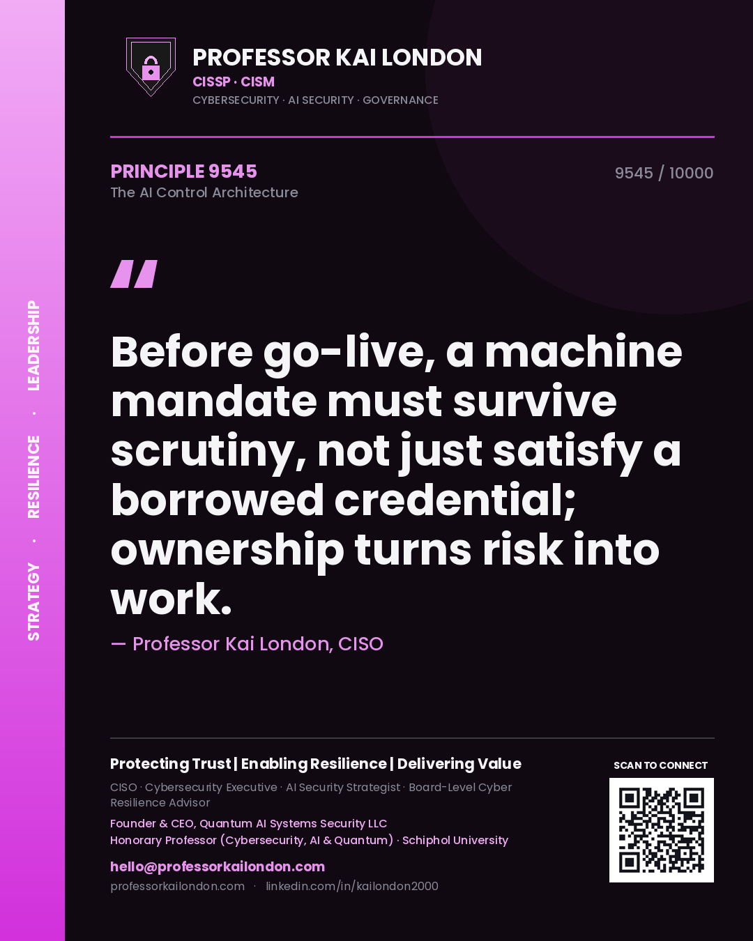 Professor Kai London principle 9545: Before go-live, a machine mandate must survive scrutiny, not just satisfy a borrowed credential; ownership turns risk into work.