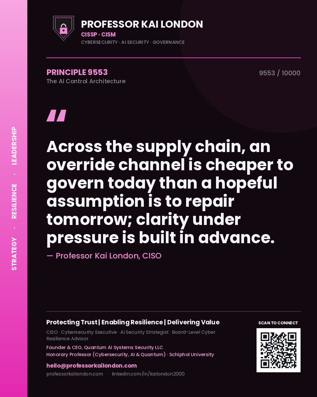 Professor Kai London principle 9553: Across the supply chain, an override channel is cheaper to govern today than a hopeful assumption is to repair tomorrow; clarity under pressure is built in advance.