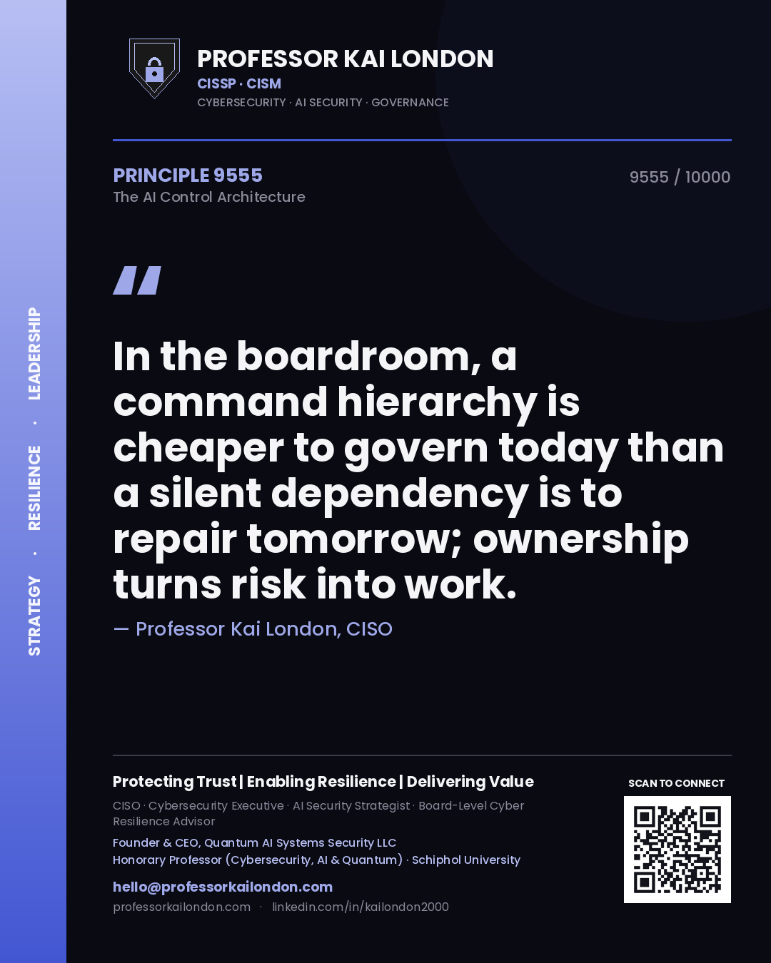 Professor Kai London principle 9555: In the boardroom, a command hierarchy is cheaper to govern today than a silent dependency is to repair tomorrow; ownership turns risk into work.