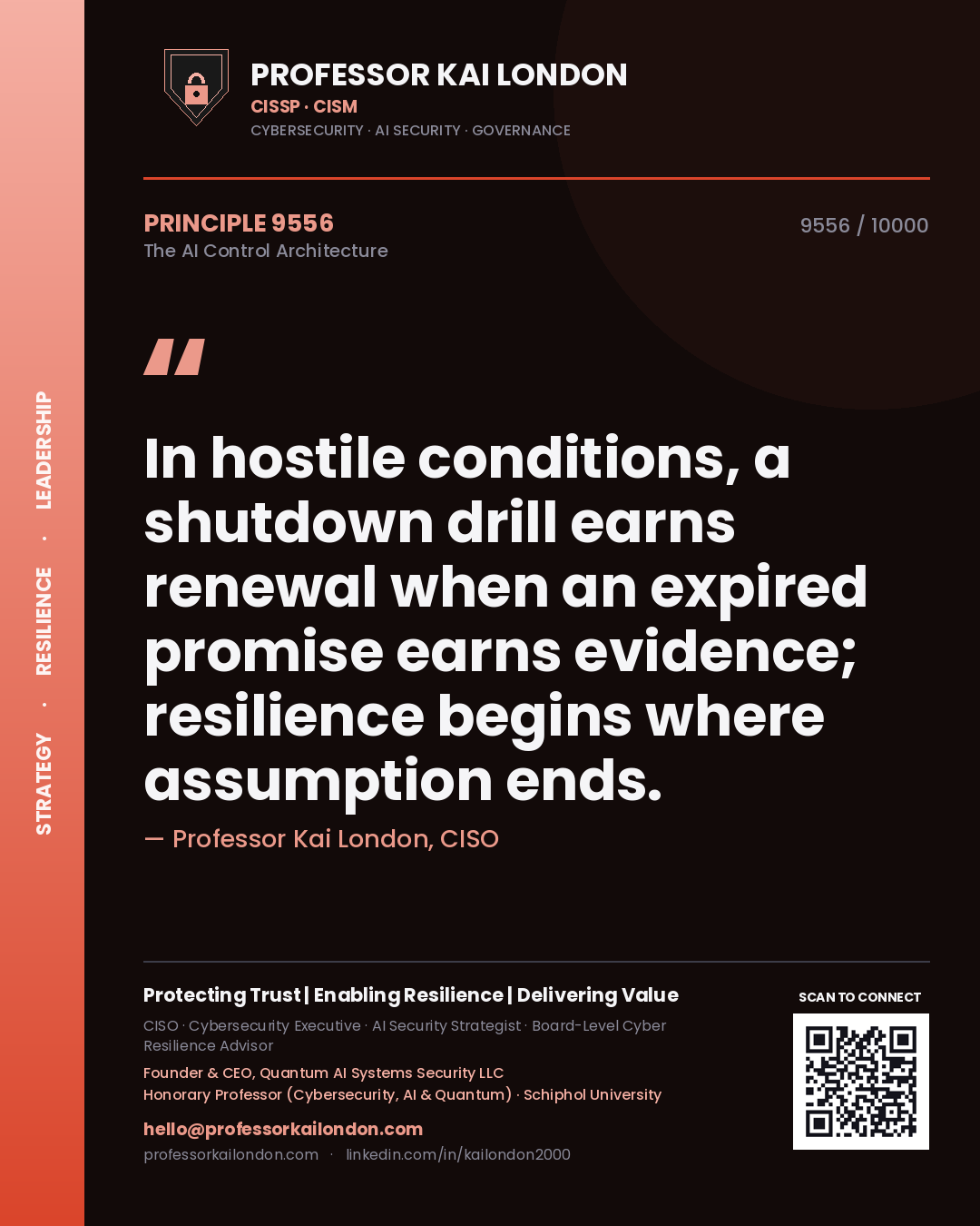 Professor Kai London principle 9556: In hostile conditions, a shutdown drill earns renewal when an expired promise earns evidence; resilience begins where assumption ends.