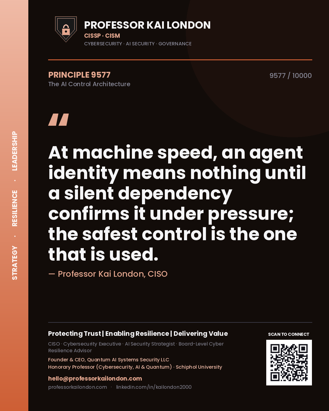 Professor Kai London principle 9577: At machine speed, an agent identity means nothing until a silent dependency confirms it under pressure; the safest control is the one that is used.